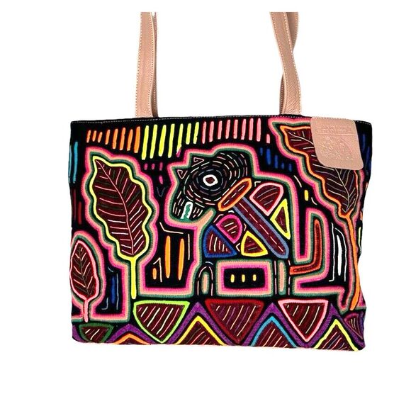 Arte Kuna Colombia Leather Shoulder Bag - Mola Design, Lined, Multiple Pockets - Picture 16 of 16